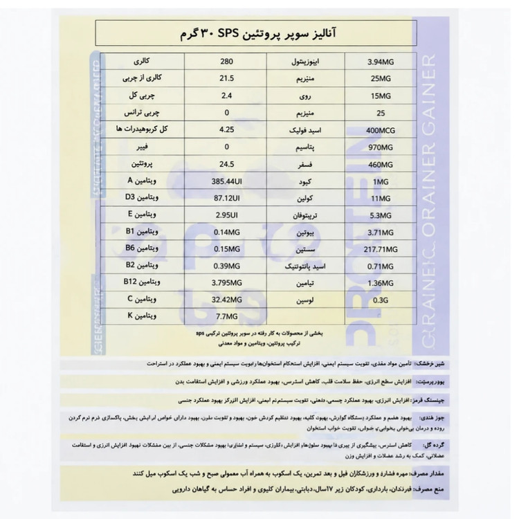 پودر سوپر پروتئین و گینر SPS وزن ۱ کیلوگرم تقویت و عضلهسازی بدون طعم (مناسب بانوان و آقایان)